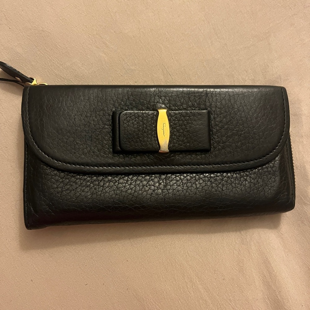 Salvatore Ferragamo Black Leather Zip Around Wallet with Gold Accent